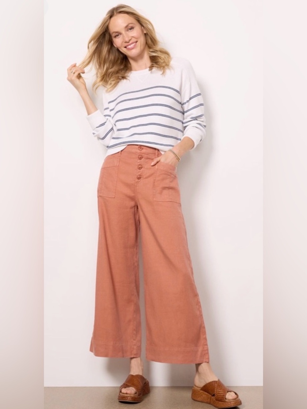 EVEREVE Joelle High Rise Linen Blend Wide Leg Pants Terracotta Rust 28